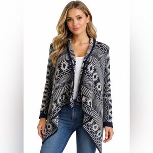 Cato Long Cardigan Sweater Knit Size Medium Fringe Navy Blue Cream Asymmetrical